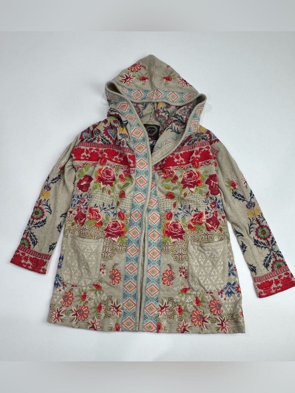 JOHNNY WAS BIYA HOODED OPEN CARDIGAN Sweater Sz S Tan Multicolor Embroidered - Picture 3 of 12